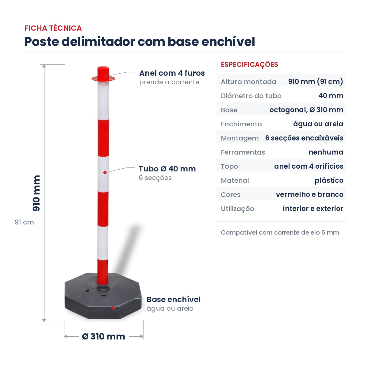 Poste Delimitador 90cm com Base Enchível Vermelho e Branco para Corrente Sinalização e Filas - Image 3