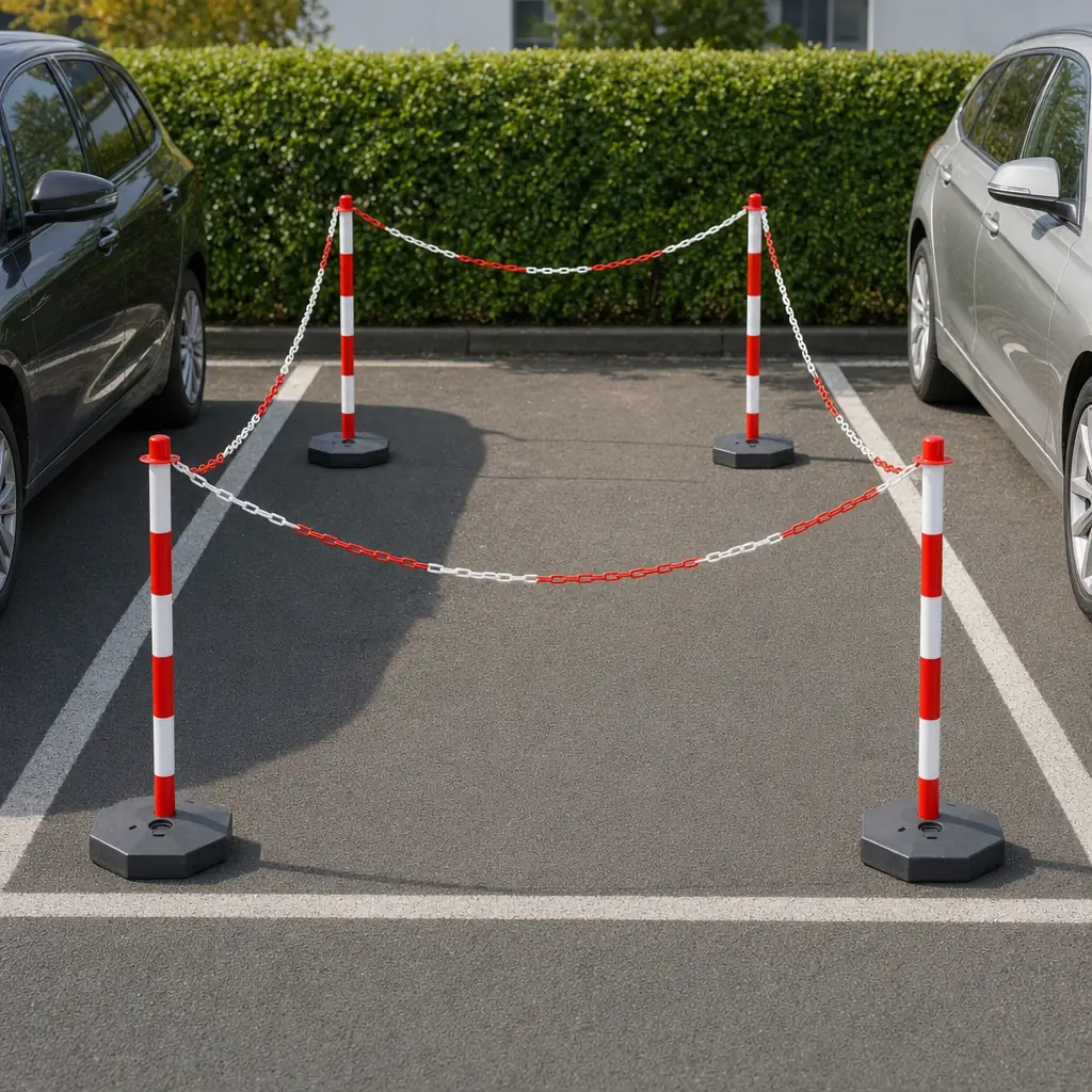 Postes delimitadores com corrente a reservar um lugar de estacionamento