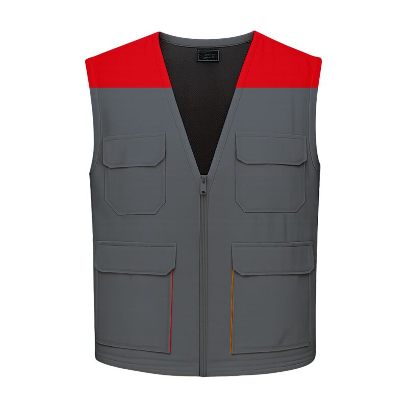 Colete Multibolsos Bicolor - Cinza Cimento-Vermelho