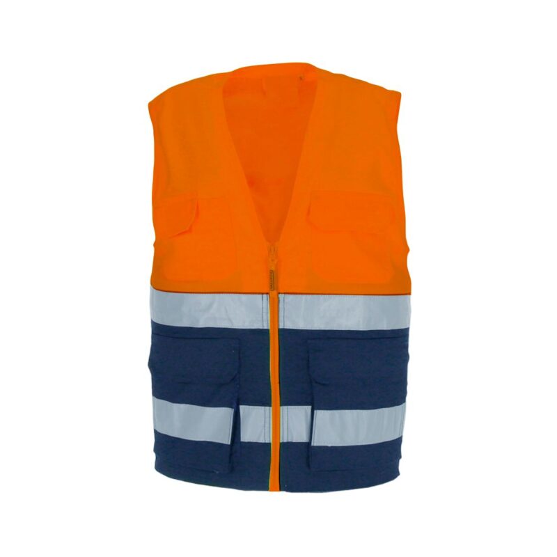 Colete Multibolsos Alta Visibilidade Refletor - Azul Marinho - Laranja Fluor