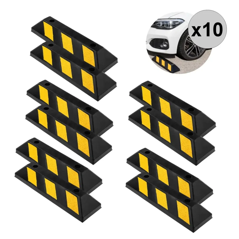 Pack 10x Batentes para Rodas 55cm Borracha Preto Amarelo Estacionamento