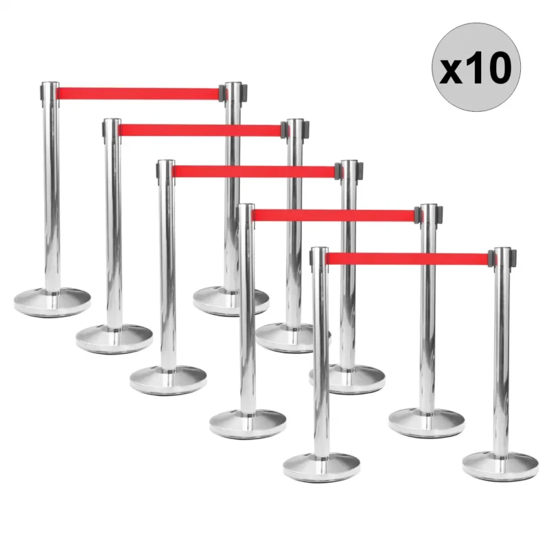 Pack 10x Postes Separadores com Fita Retrátil 1,5m Controlo Filas