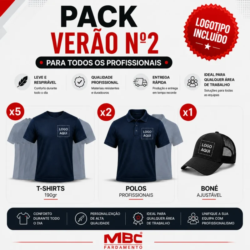 Pack Fardamento Verão Nº2 com Logotipo Incluído | 5 T-Shirts + 2 Polos + Boné