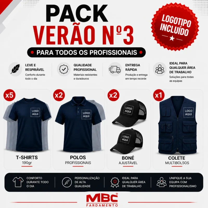 Pack Fardamento Verão Nº3 com Logotipo Incluído | 5 T-Shirts + 2 Polos + 2 Bonés + Colete Multibolsos