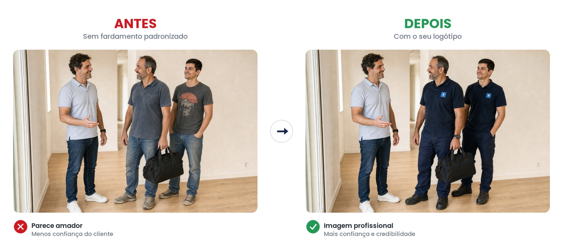 Antes e depois: a mesma equipa técnica em casa do cliente — antes sem fardamento padronizado, depois fardada com polo e calças navy e o logótipo da empresa