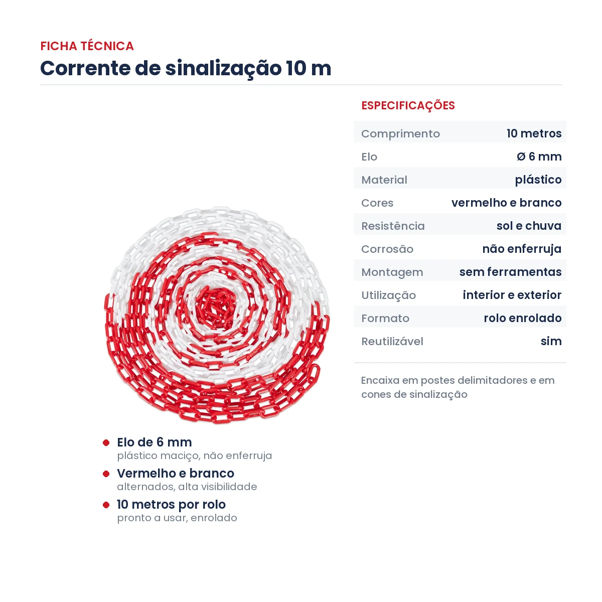Pack 10x Corrente de Sinalização 10m Plástica Vermelho e Branco Elo 6mm - Image 5