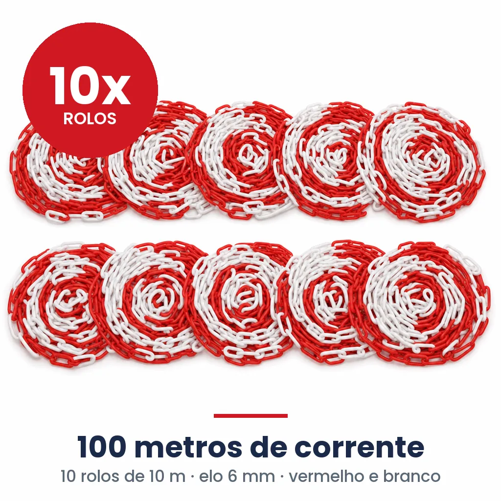 Pack 10x Corrente de Sinalização 10m Plástica Vermelho e Branco Elo 6mm