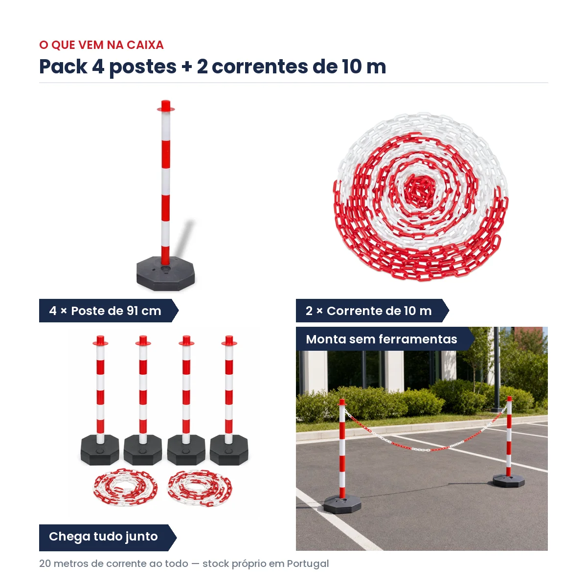 Pack 4 Postes Delimitadores com Base + 2 Correntes 10m Sinalização Estacionamento e Obras - Image 2
